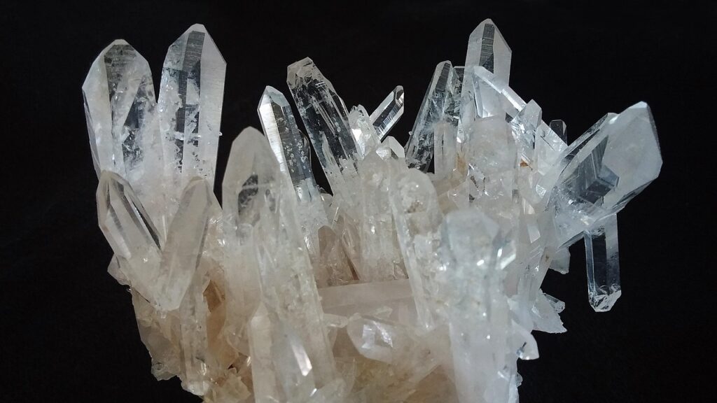 A cluster of clear quartz crystals